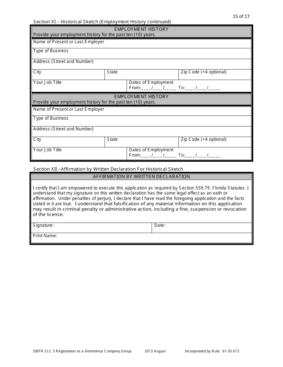 Form DBPR ELC5 Application for Registration as a Deminimus Employee Leasing Company Group - Florida, Page 15