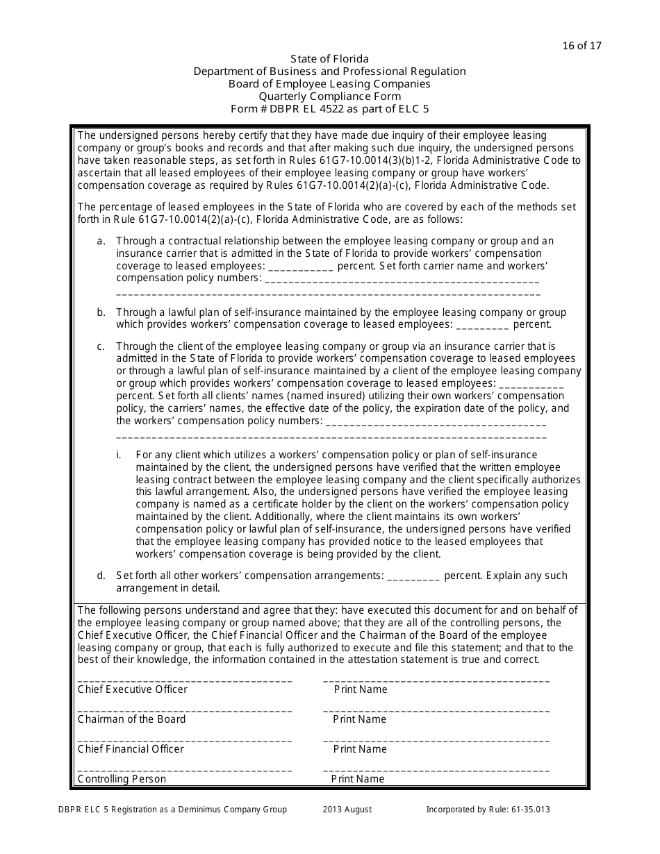Form DBPR ELC5 Application for Registration as a Deminimus Employee Leasing Company Group - Florida, Page 16