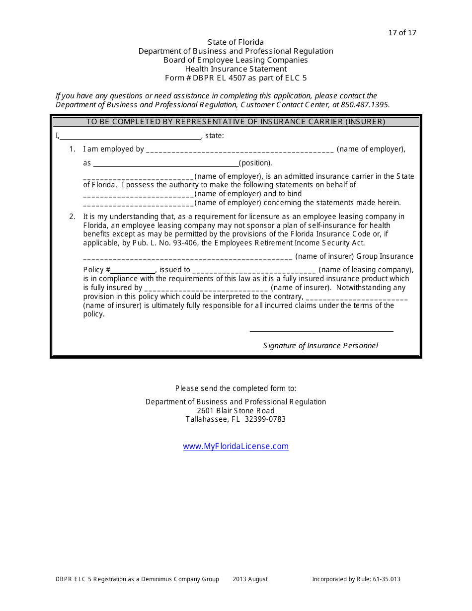 Form DBPR ELC5 Application for Registration as a Deminimus Employee Leasing Company Group - Florida, Page 17