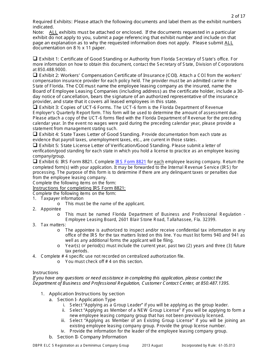 Form DBPR ELC5 Application for Registration as a Deminimus Employee Leasing Company Group - Florida, Page 2