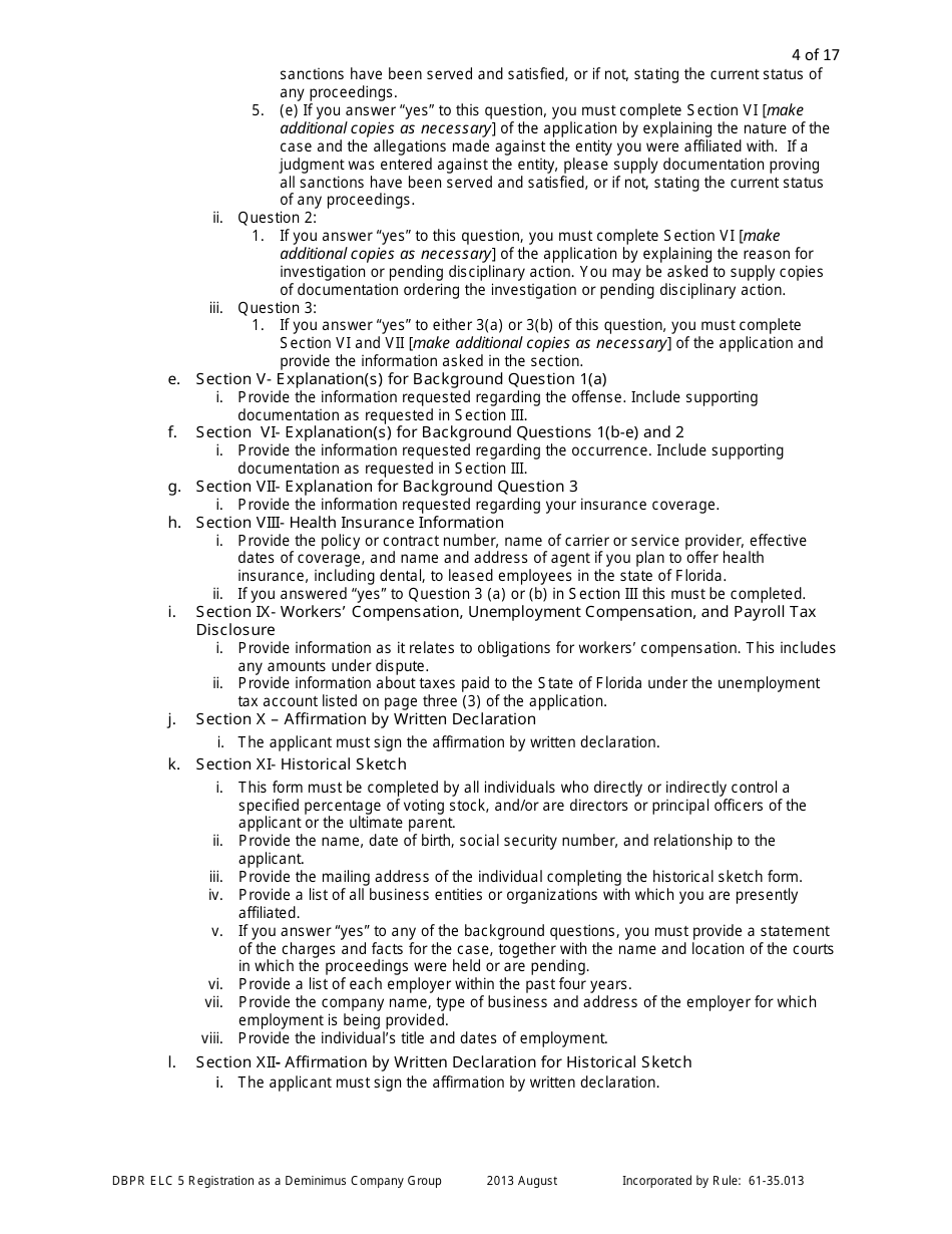 Form DBPR ELC5 Application for Registration as a Deminimus Employee Leasing Company Group - Florida, Page 4