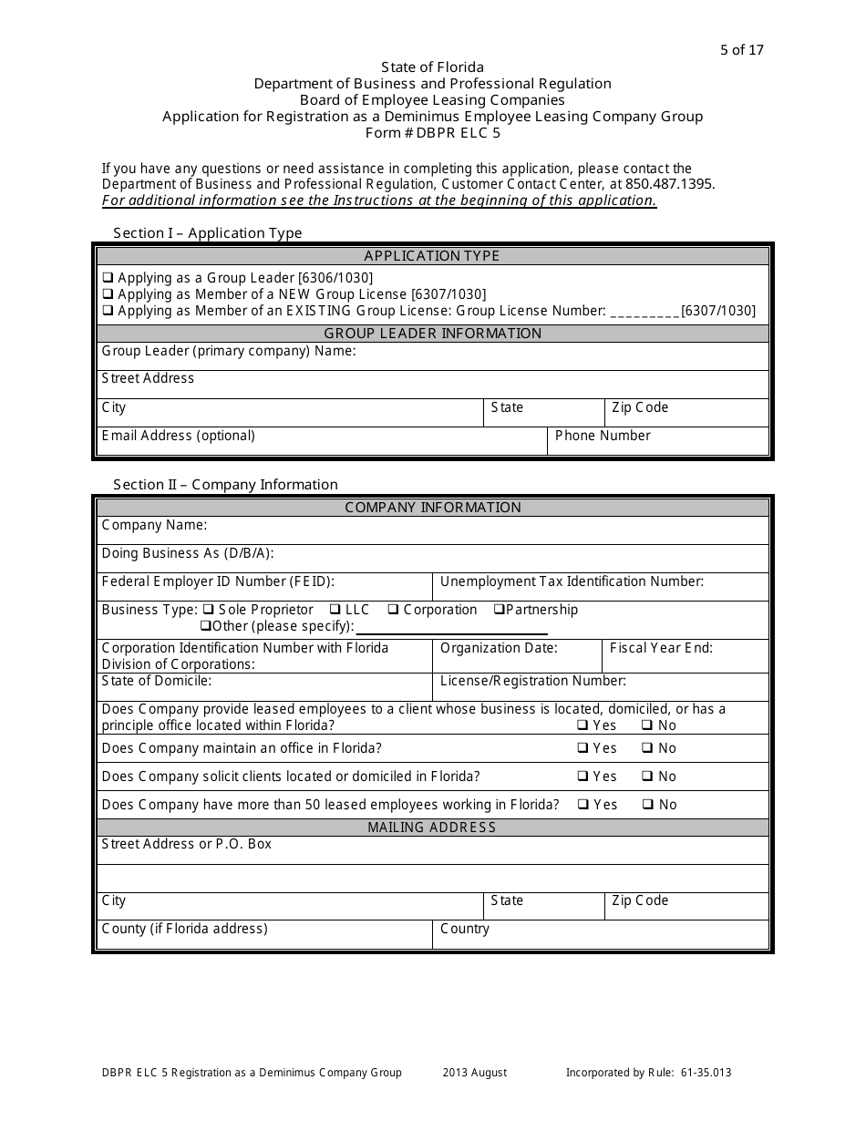 Form DBPR ELC5 Application for Registration as a Deminimus Employee Leasing Company Group - Florida, Page 5