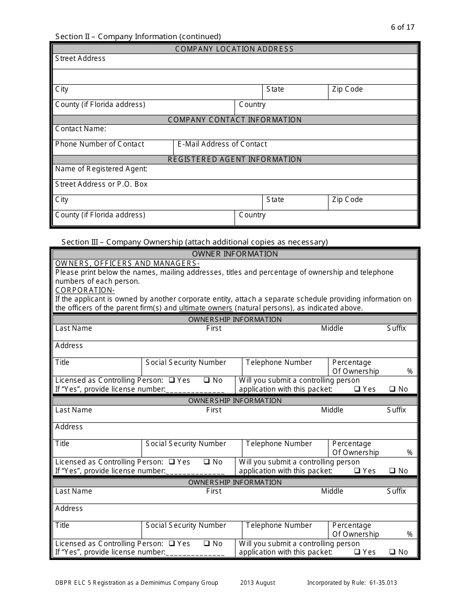 Form DBPR ELC5 Application for Registration as a Deminimus Employee Leasing Company Group - Florida, Page 6