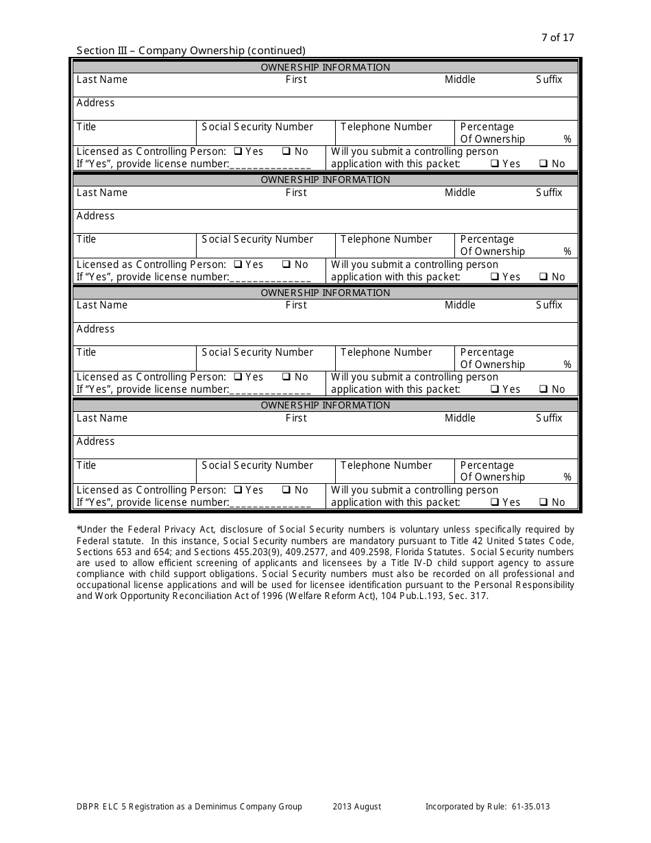 Form DBPR ELC5 Application for Registration as a Deminimus Employee Leasing Company Group - Florida, Page 7