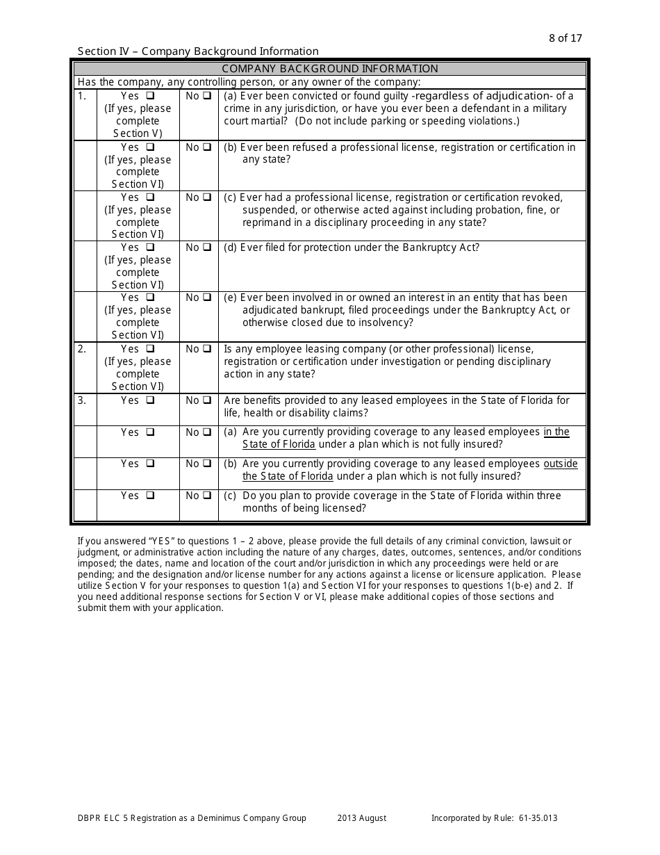 Form DBPR ELC5 Application for Registration as a Deminimus Employee Leasing Company Group - Florida, Page 8