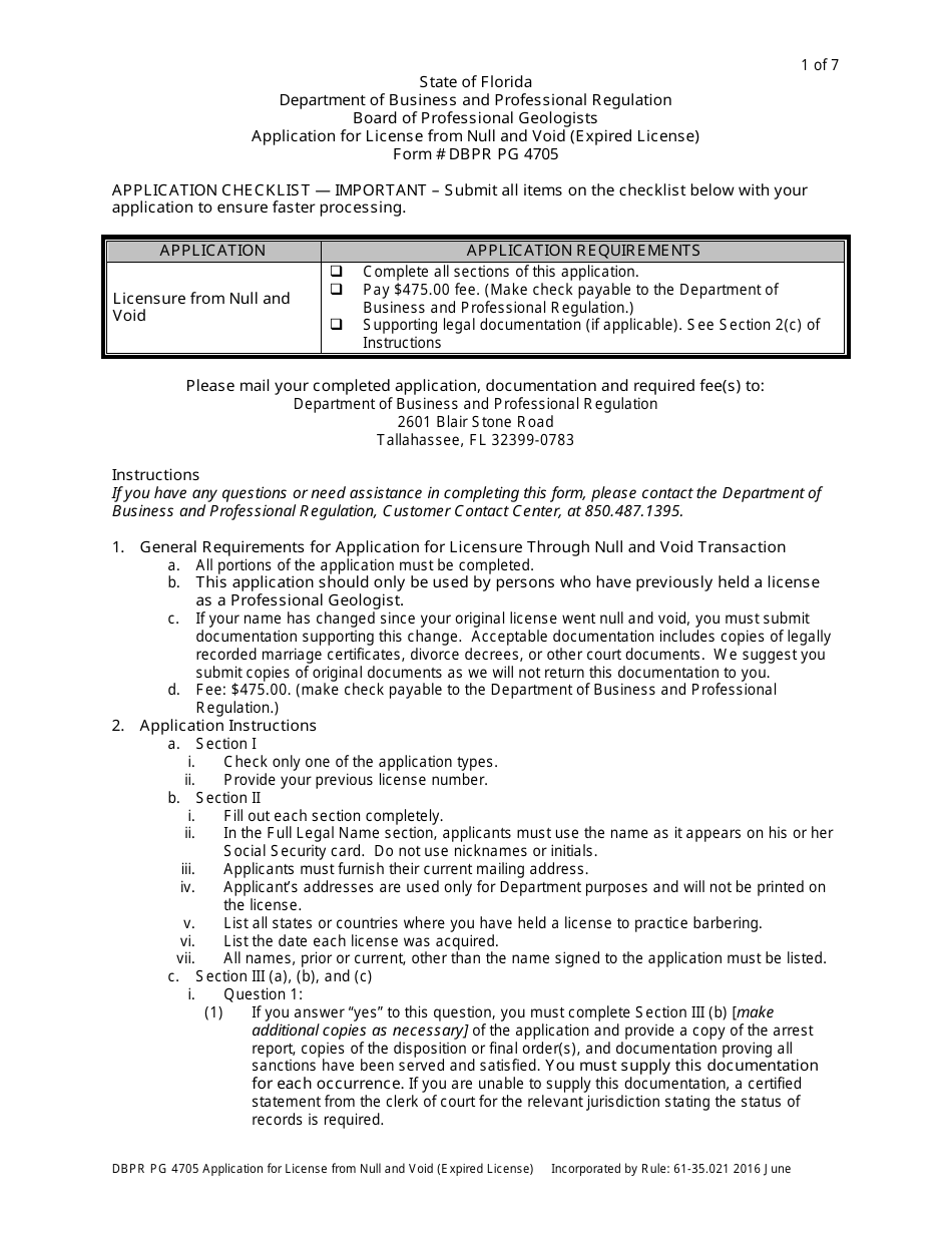 Form DBPR PG4705 Application for License From Null and Void (Expired License) - Florida, Page 1