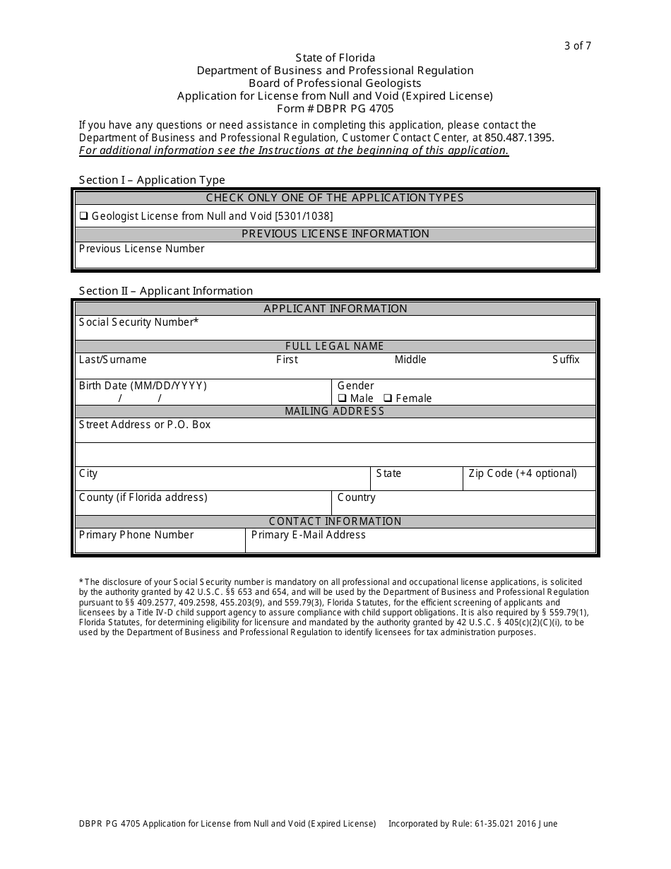 Form DBPR PG4705 Application for License From Null and Void (Expired License) - Florida, Page 3
