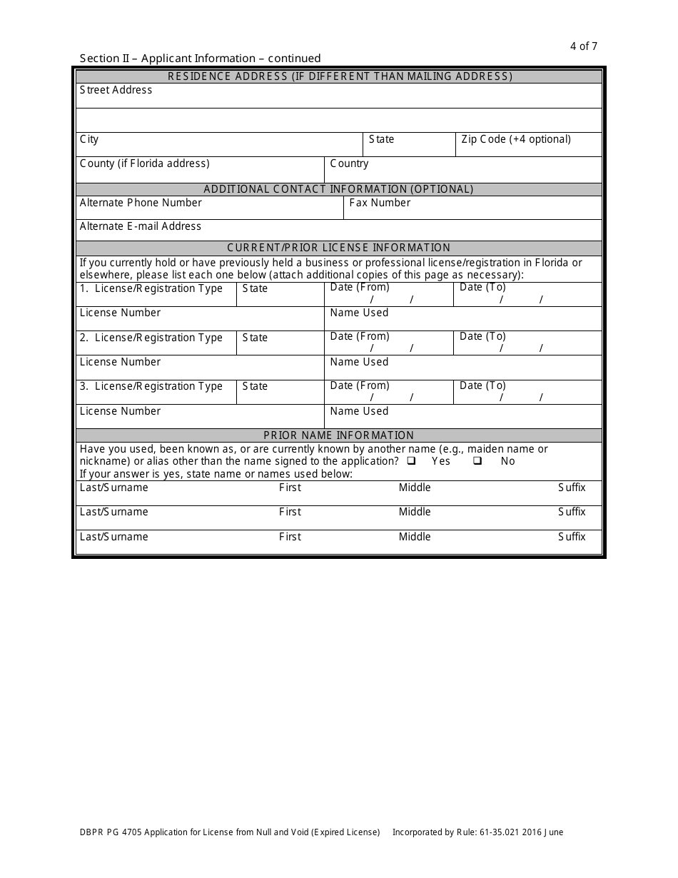 Form DBPR PG4705 Application for License From Null and Void (Expired License) - Florida, Page 4