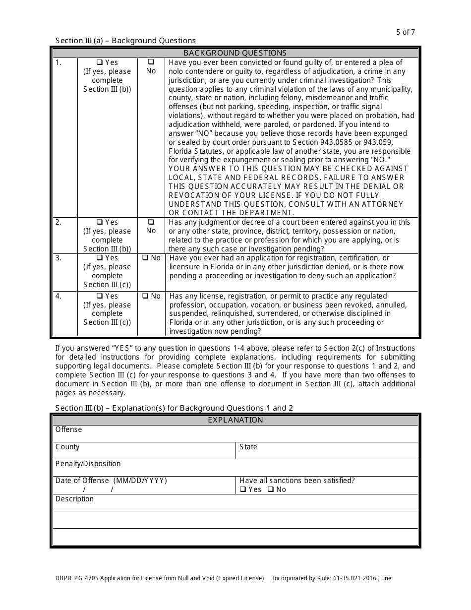 Form DBPR PG4705 Application for License From Null and Void (Expired License) - Florida, Page 5