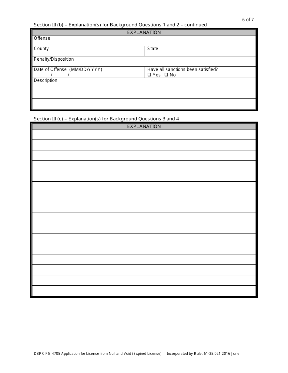 Form DBPR PG4705 Application for License From Null and Void (Expired License) - Florida, Page 6