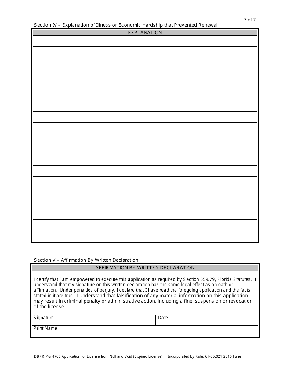 Form DBPR PG4705 Application for License From Null and Void (Expired License) - Florida, Page 7
