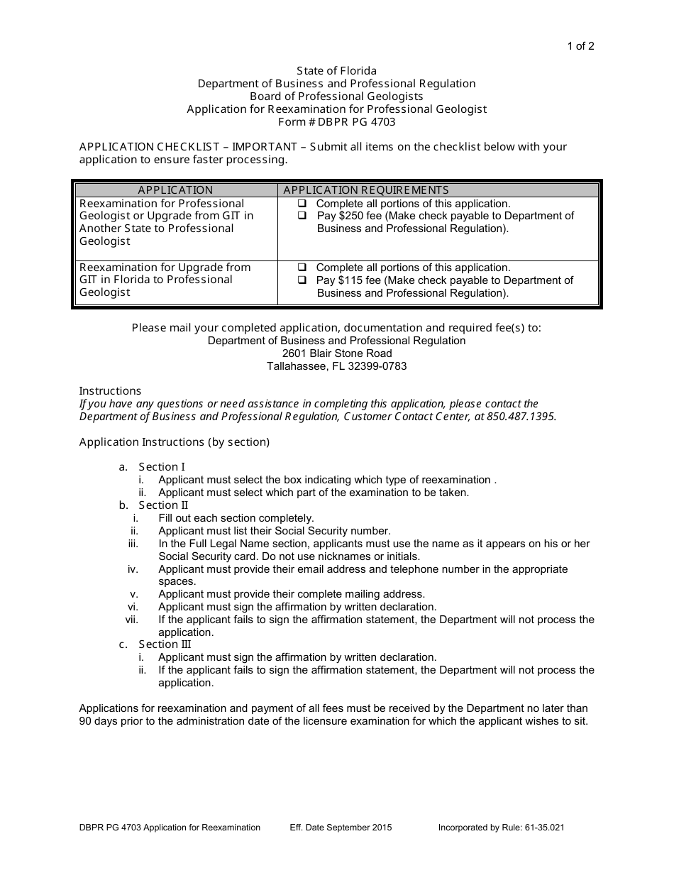 Form DBPR PG4703 Application for Reexamination for Professional Geologist - Florida, Page 1