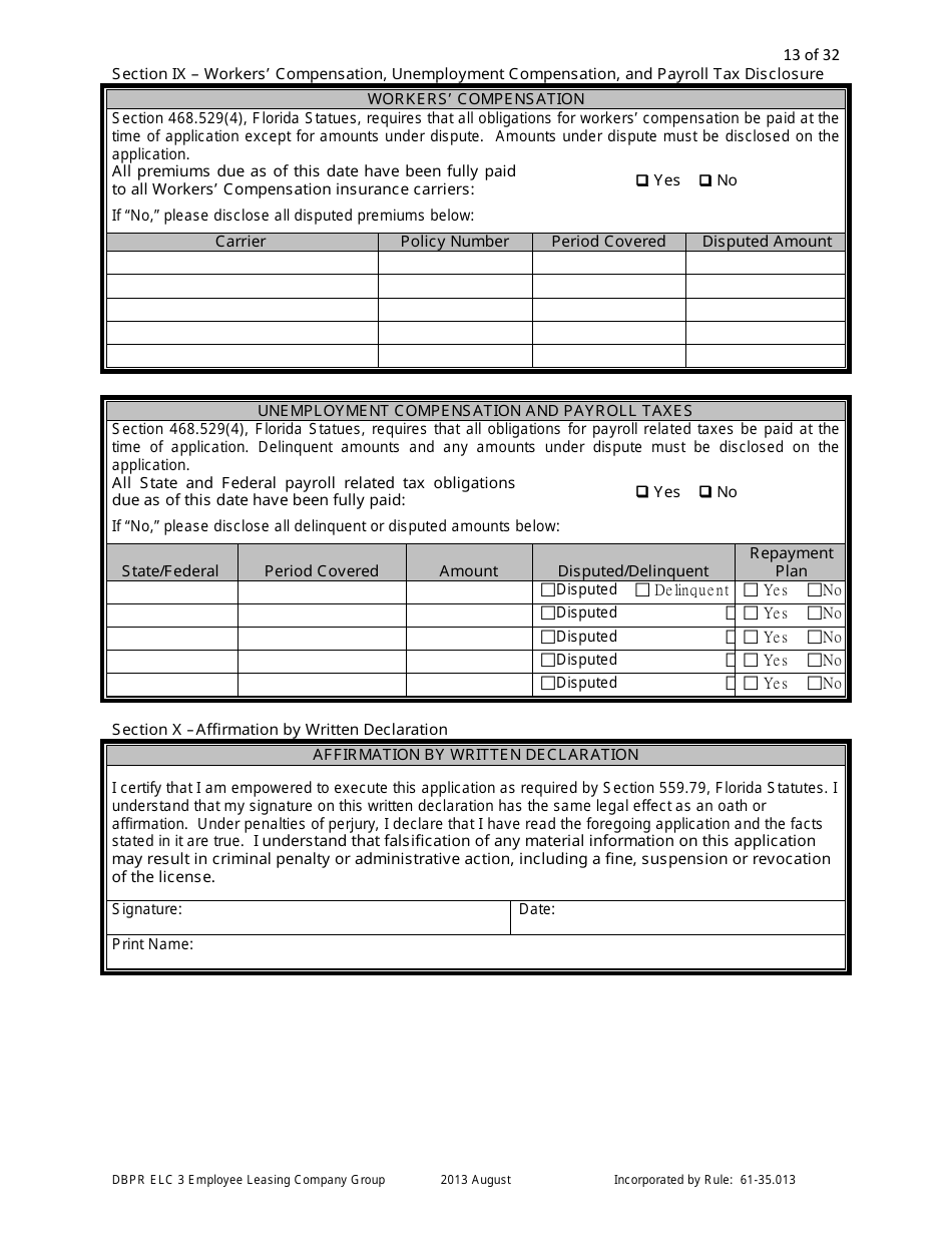 Form DBPR ELC3 Application for Licensure as an Employee Leasing Company Group - Florida, Page 13