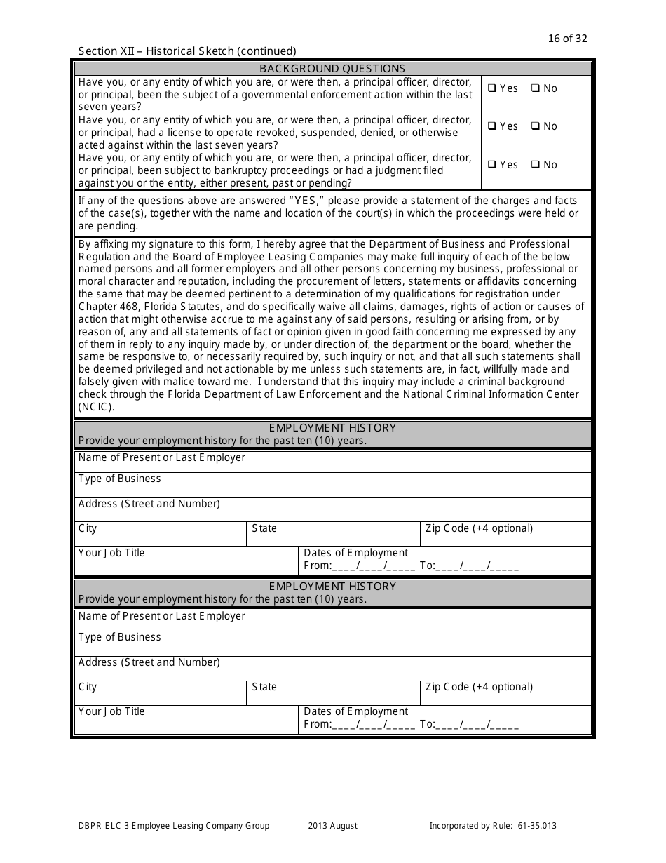 Form DBPR ELC3 Application for Licensure as an Employee Leasing Company Group - Florida, Page 16