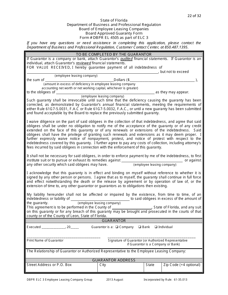 Form DBPR ELC3 Application for Licensure as an Employee Leasing Company Group - Florida, Page 22