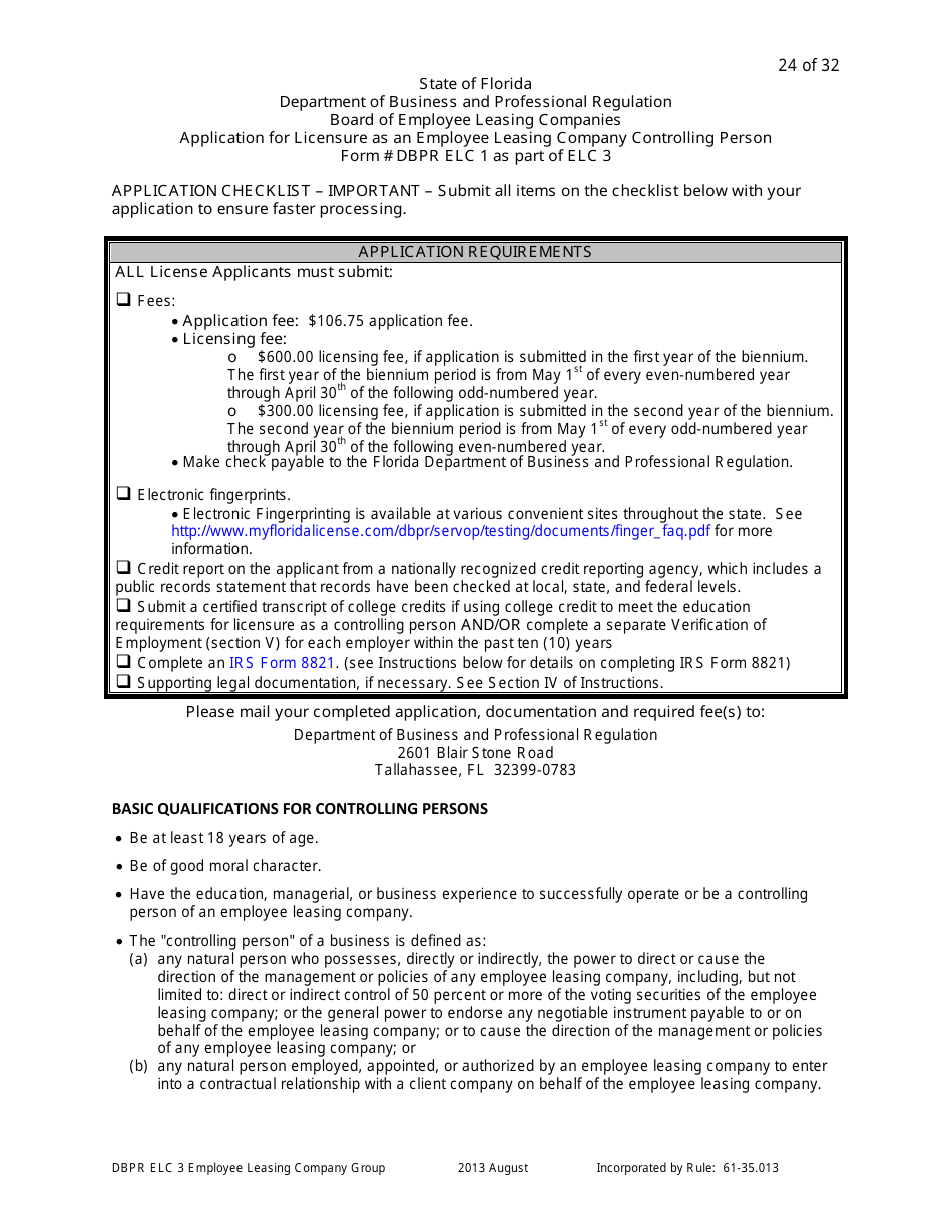 Form DBPR ELC3 Application for Licensure as an Employee Leasing Company Group - Florida, Page 24