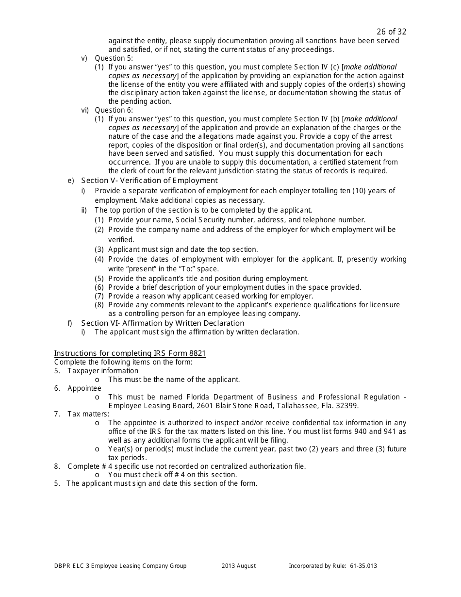 Form DBPR ELC3 Application for Licensure as an Employee Leasing Company Group - Florida, Page 26