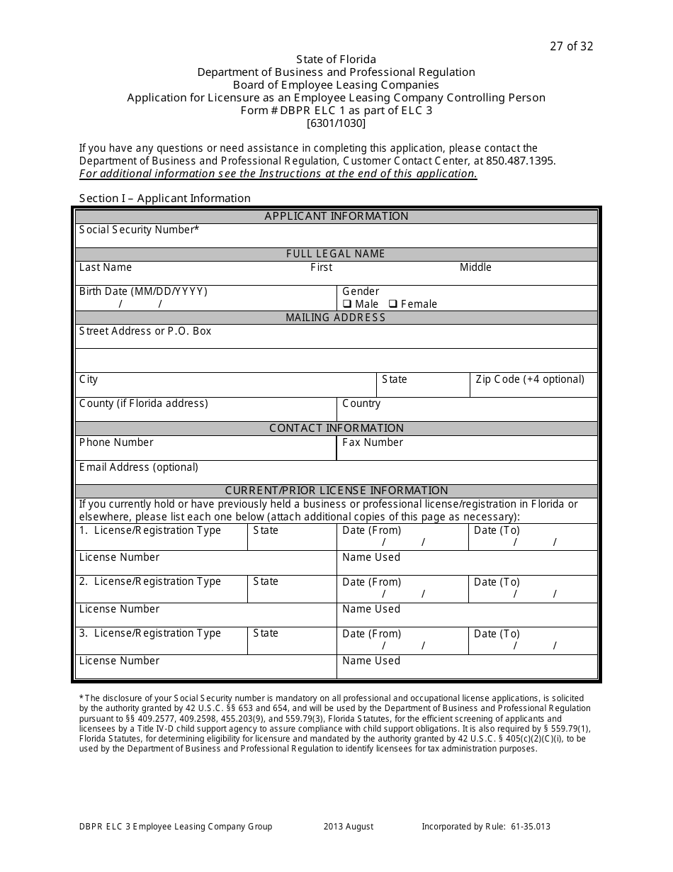 Form DBPR ELC3 Application for Licensure as an Employee Leasing Company Group - Florida, Page 27