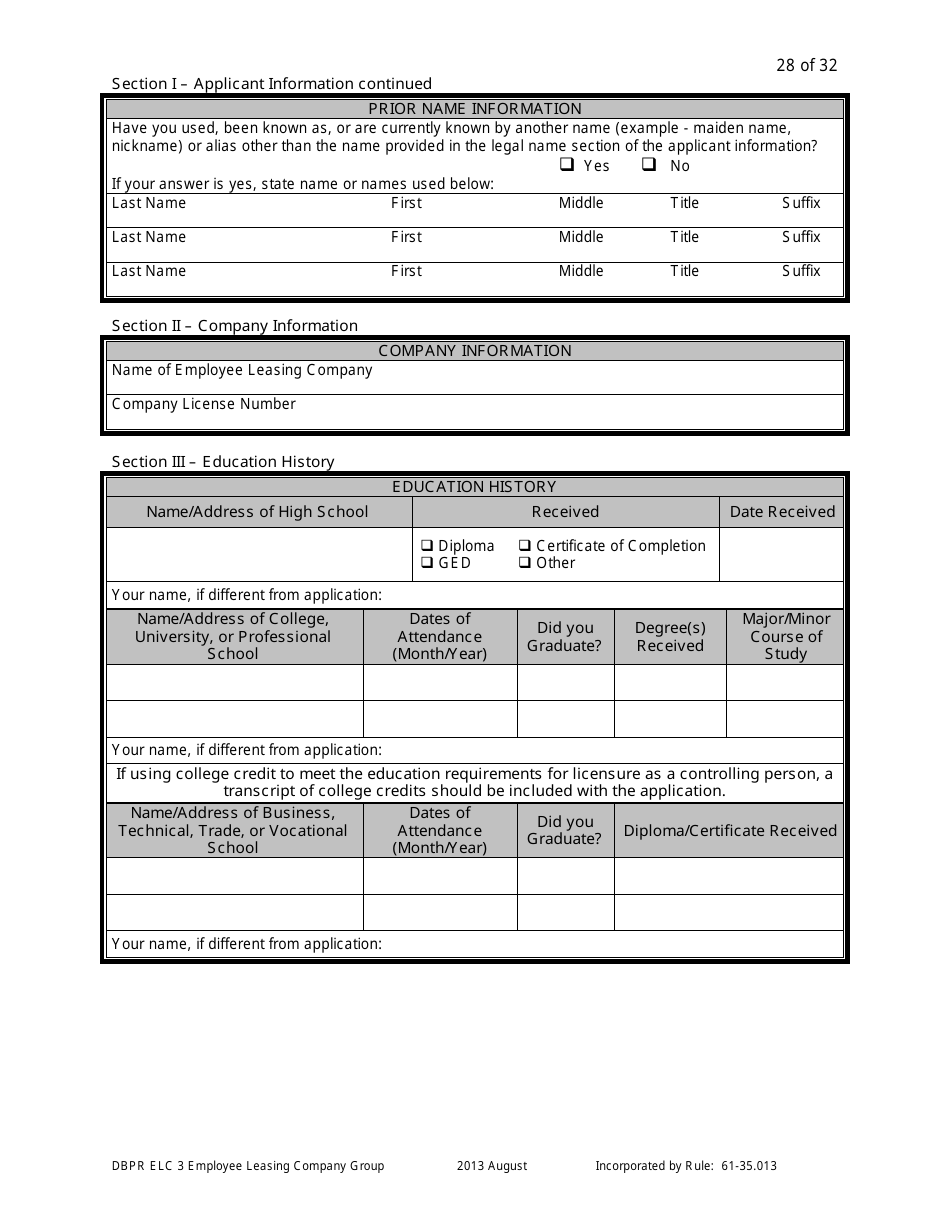 Form DBPR ELC3 Application for Licensure as an Employee Leasing Company Group - Florida, Page 28