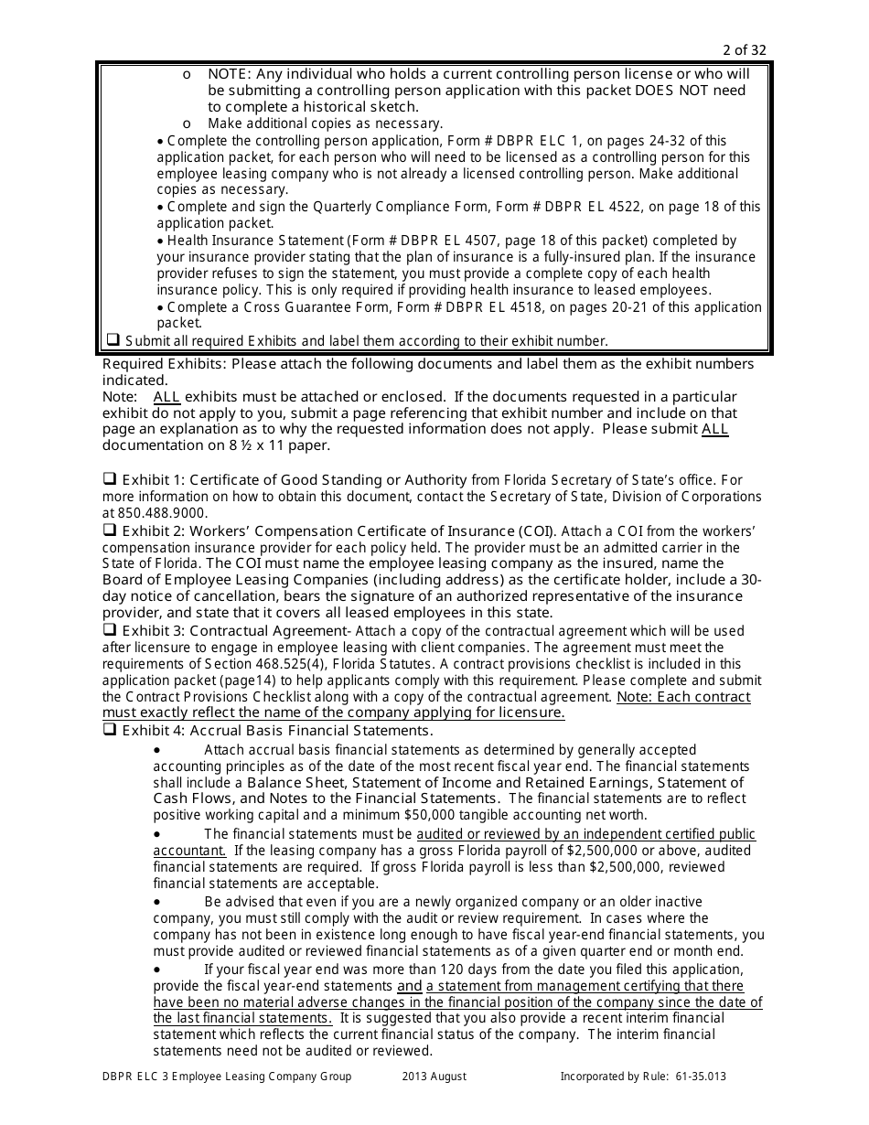 Form DBPR ELC3 Application for Licensure as an Employee Leasing Company Group - Florida, Page 2