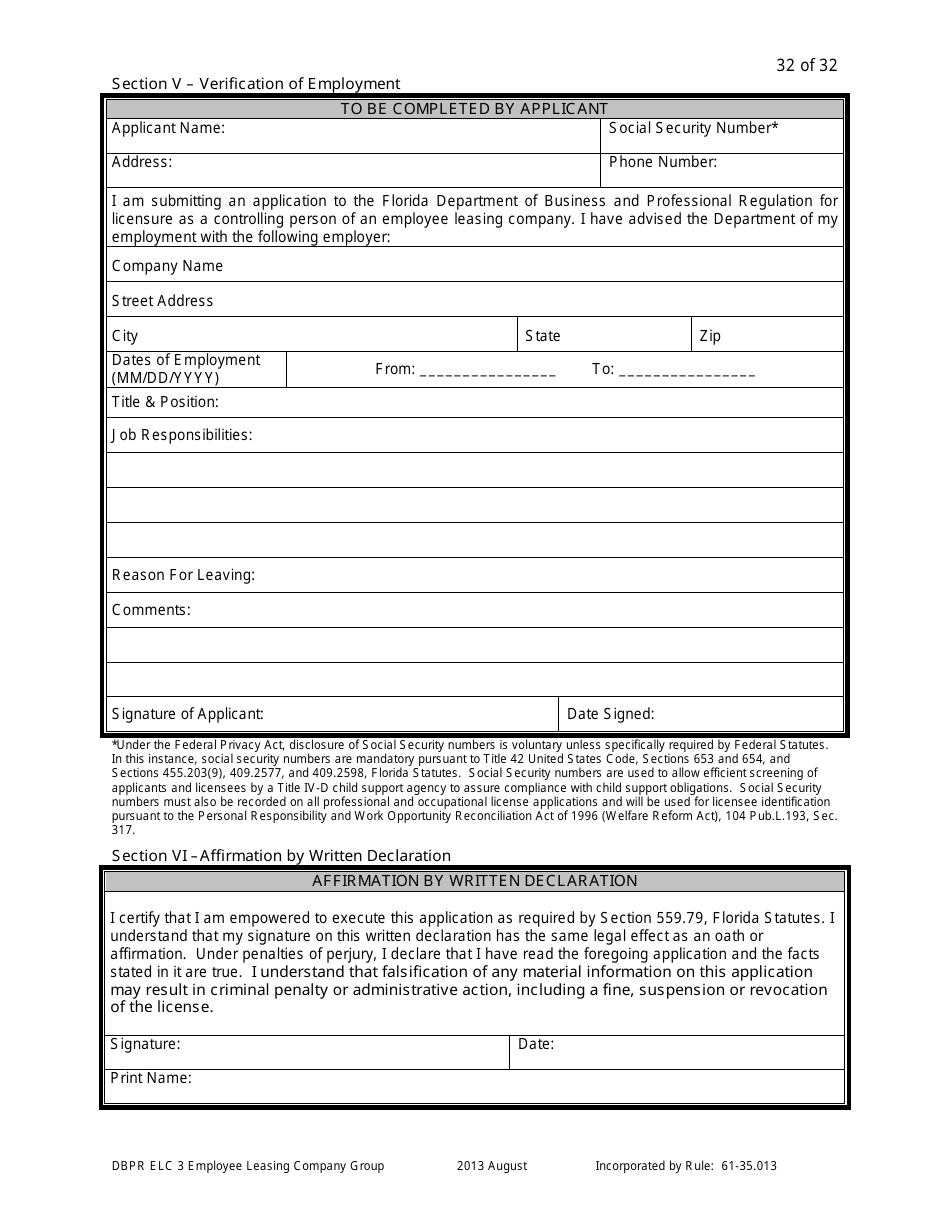 Form DBPR ELC3 Application for Licensure as an Employee Leasing Company Group - Florida, Page 32