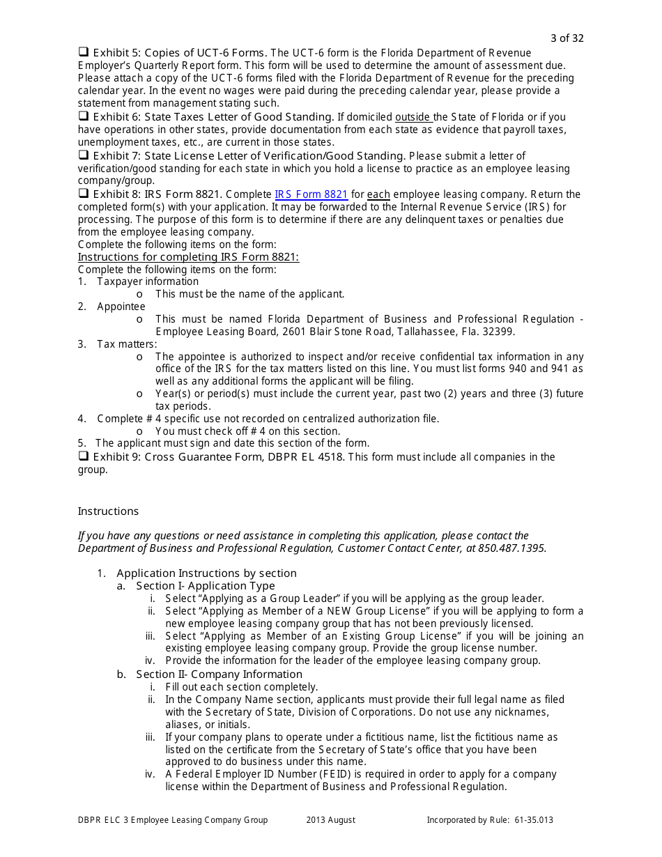 Form DBPR ELC3 Application for Licensure as an Employee Leasing Company Group - Florida, Page 3