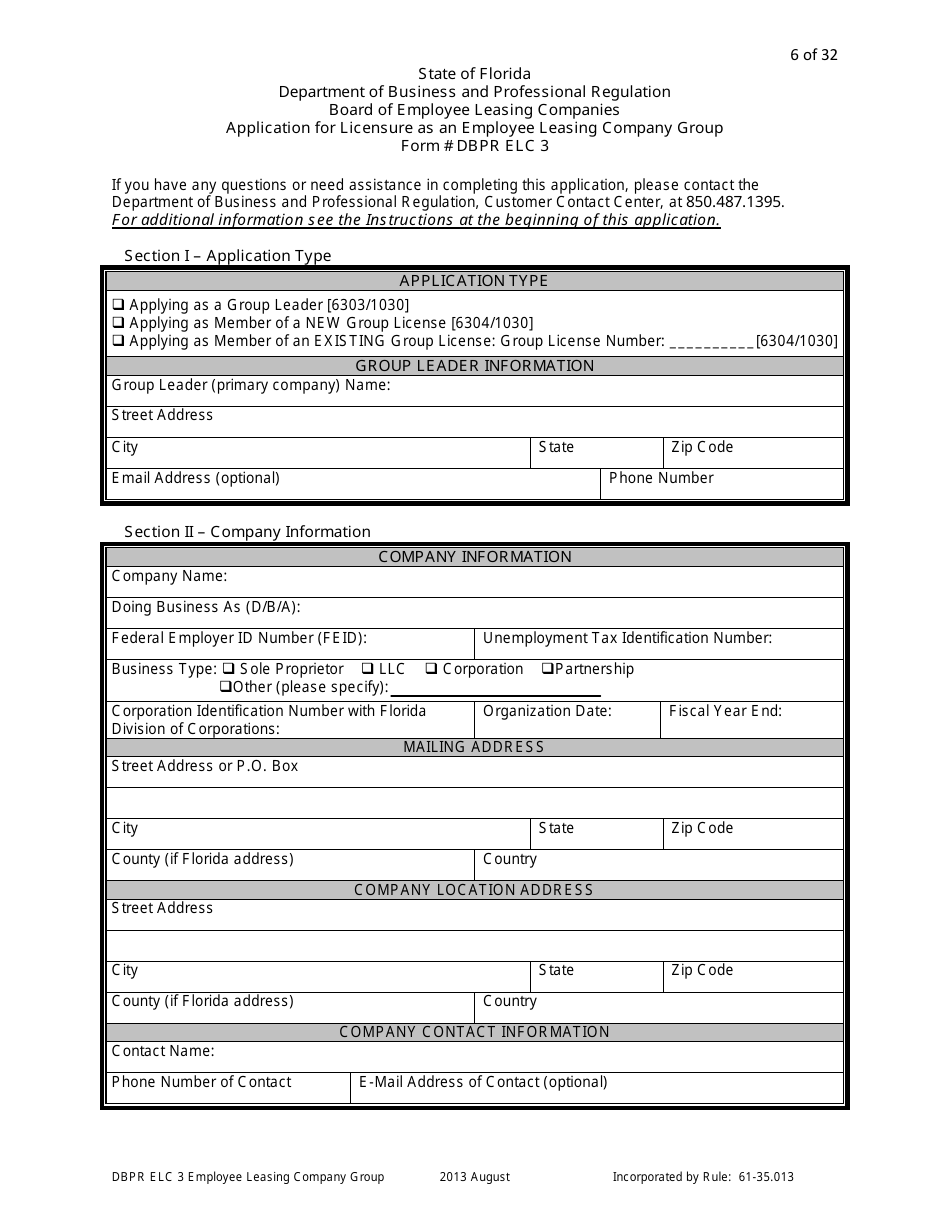 Form DBPR ELC3 Application for Licensure as an Employee Leasing Company Group - Florida, Page 6