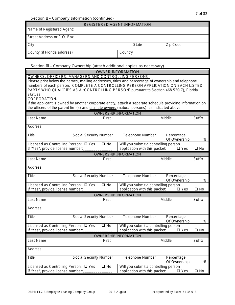 Form DBPR ELC3 Application for Licensure as an Employee Leasing Company Group - Florida, Page 7