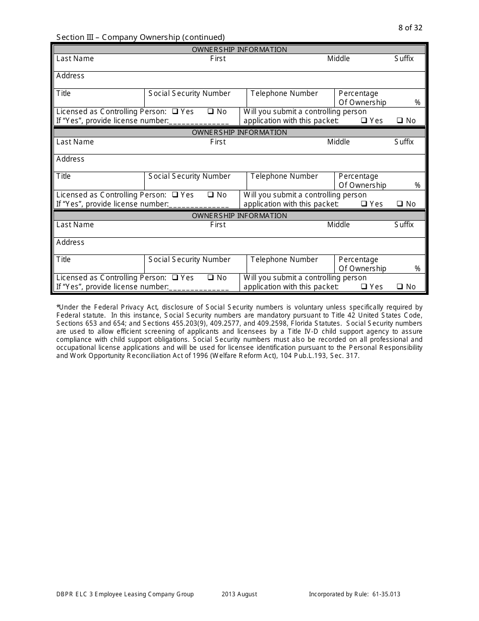 Form DBPR ELC3 Application for Licensure as an Employee Leasing Company Group - Florida, Page 8