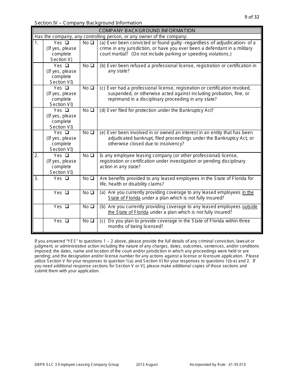 Form DBPR ELC3 Application for Licensure as an Employee Leasing Company Group - Florida, Page 9