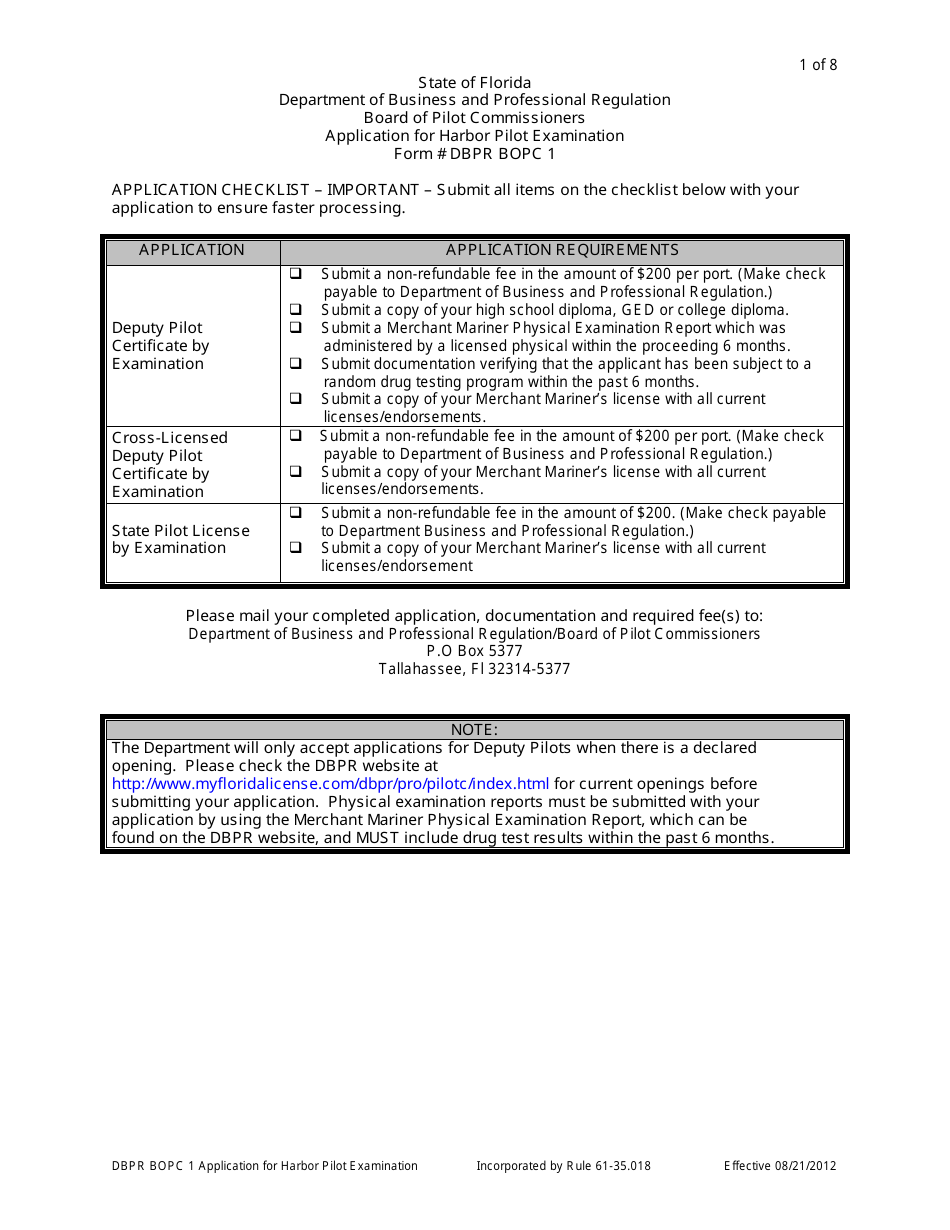 Form DBPR BOPC1 Application for Harbor Pilot Examination - Florida, Page 1