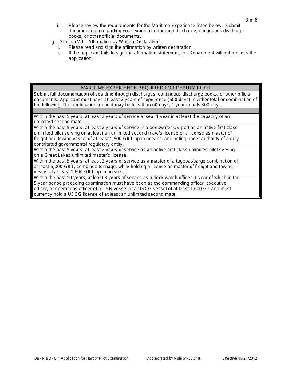 Form DBPR BOPC1 Application for Harbor Pilot Examination - Florida, Page 3