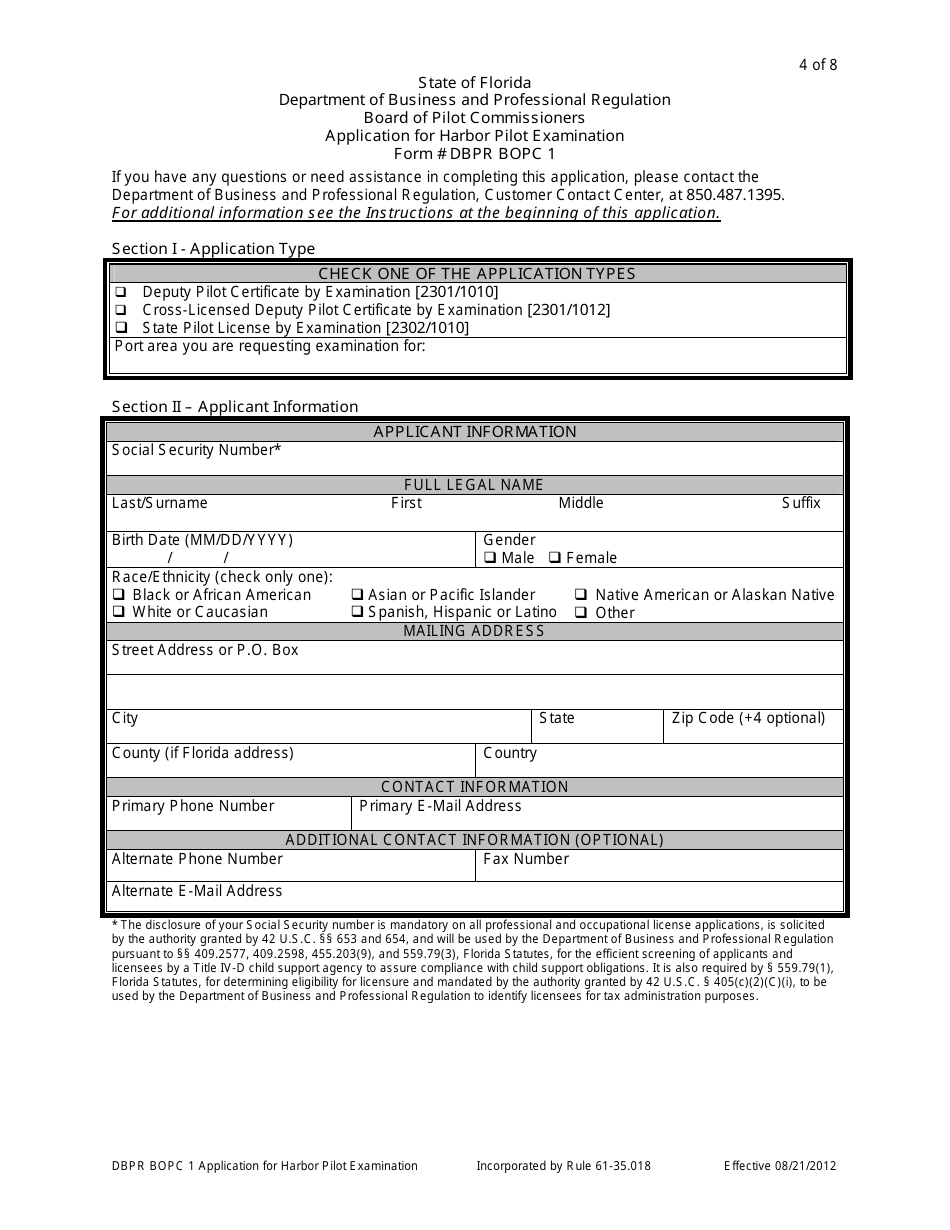Form DBPR BOPC1 Application for Harbor Pilot Examination - Florida, Page 4