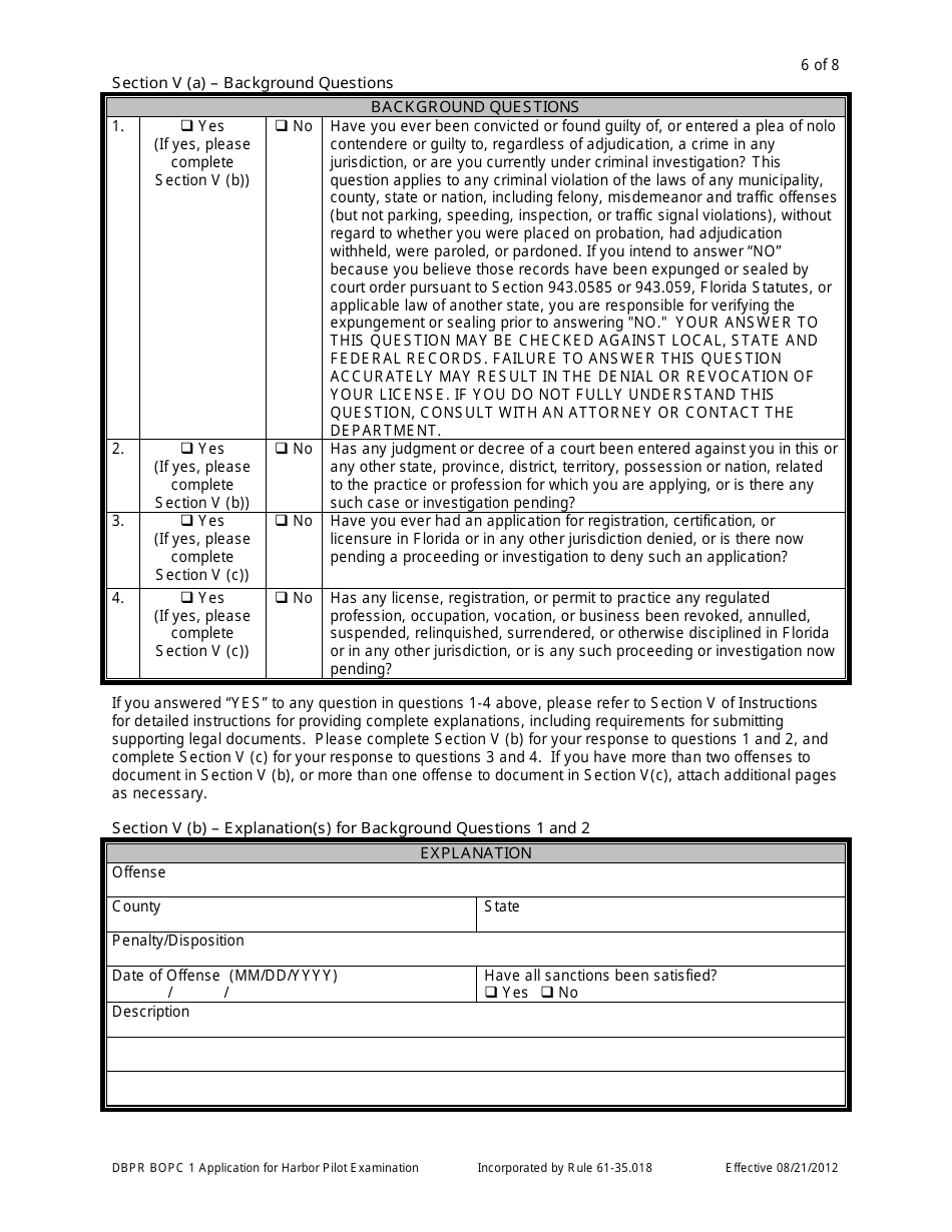 Form DBPR BOPC1 Application for Harbor Pilot Examination - Florida, Page 6