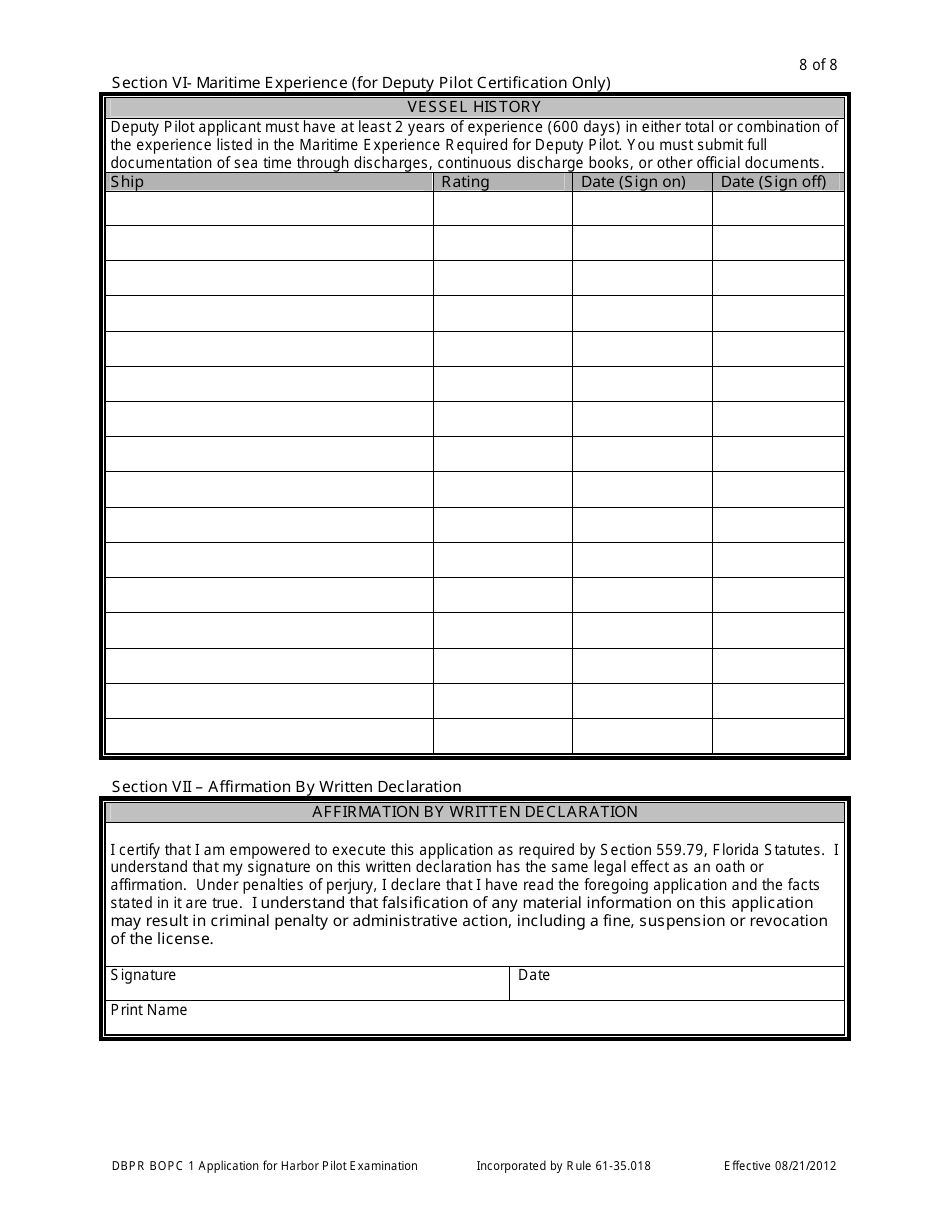Form DBPR BOPC1 Application for Harbor Pilot Examination - Florida, Page 8