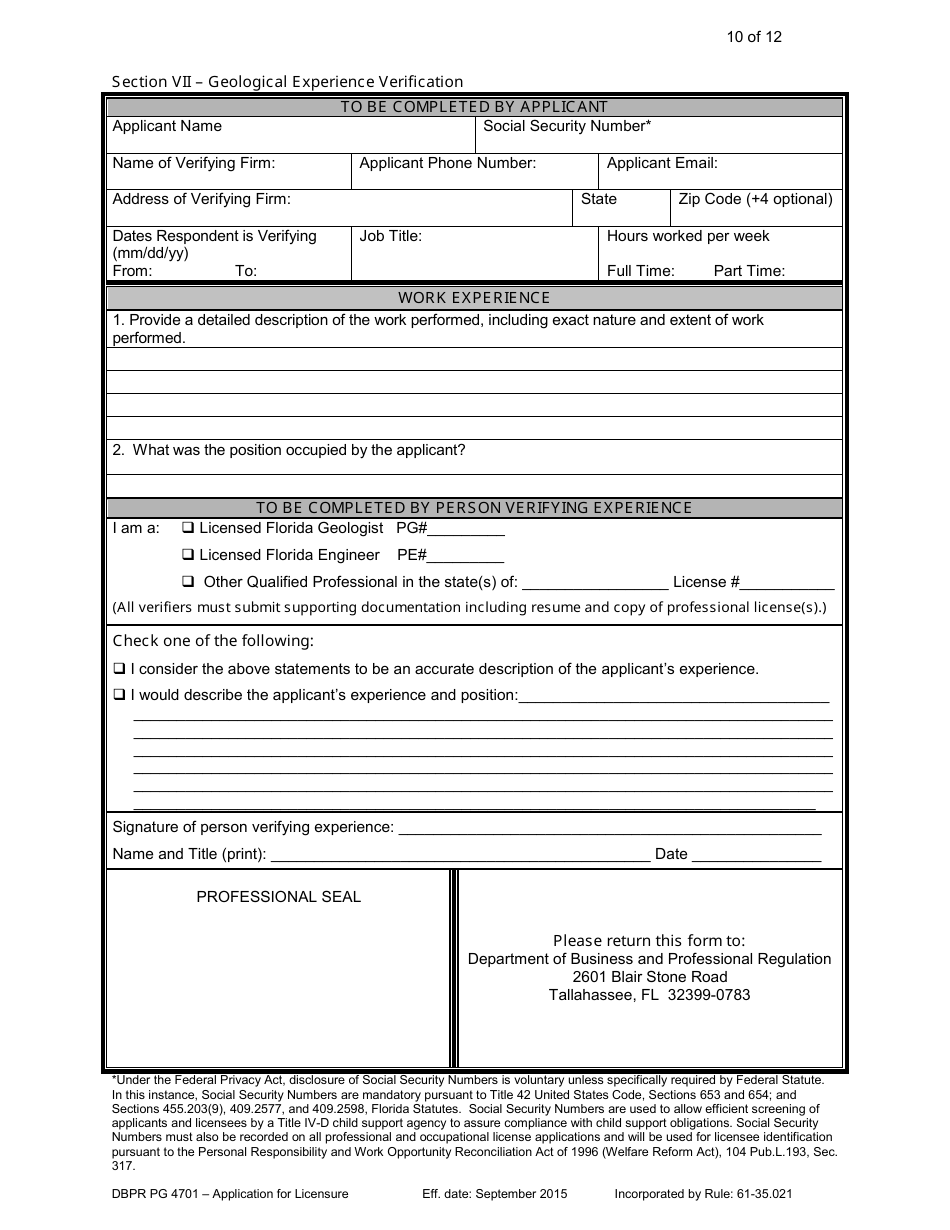 Form DBPR PG4701 Application for Licensure - Board of Professional Geologists - Florida, Page 10