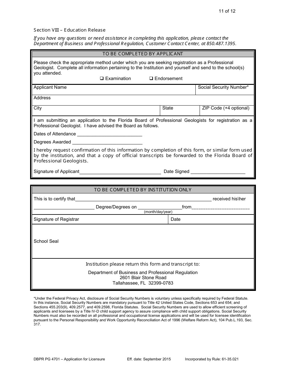 Form DBPR PG4701 Application for Licensure - Board of Professional Geologists - Florida, Page 11