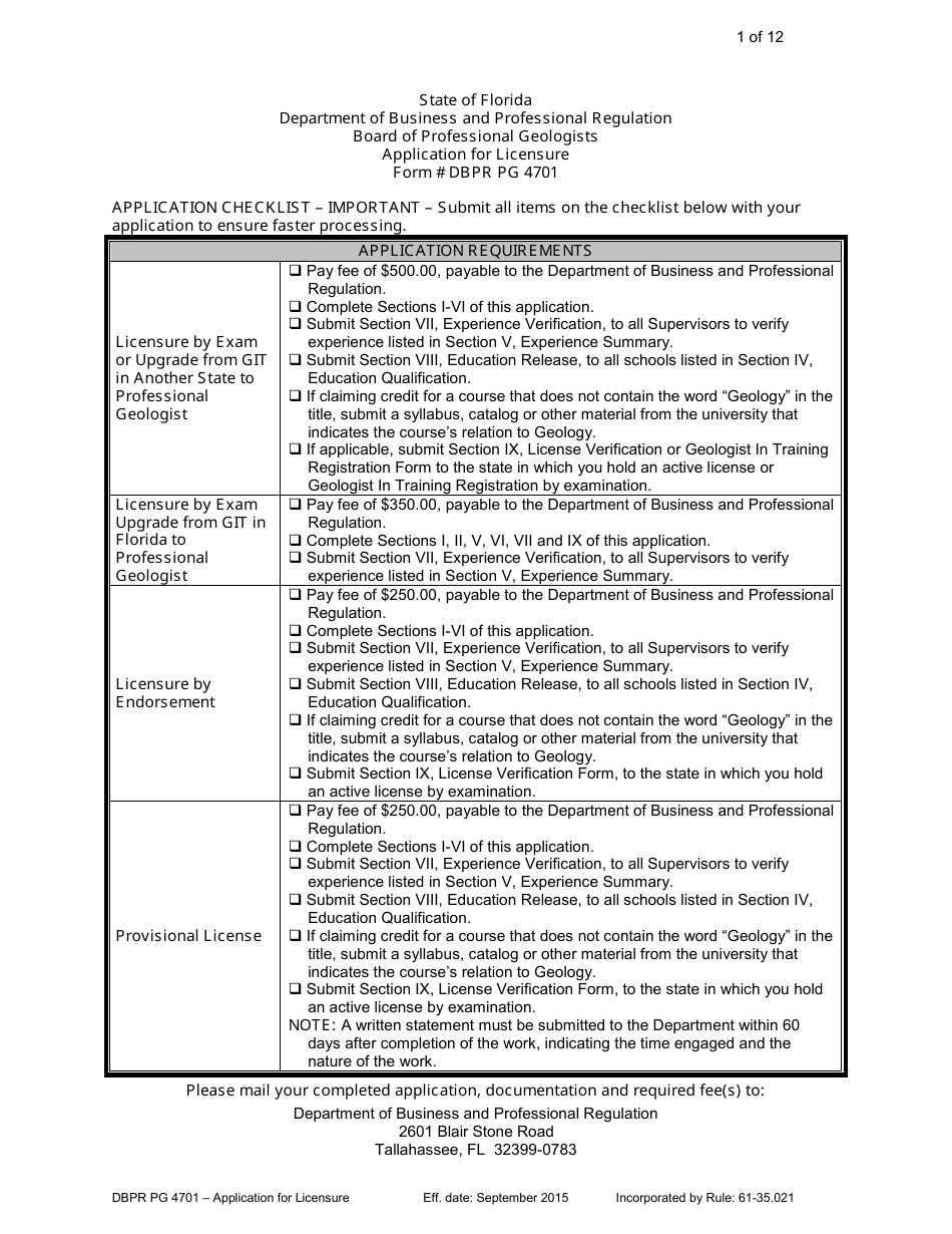 Form DBPR PG4701 Application for Licensure - Board of Professional Geologists - Florida, Page 1