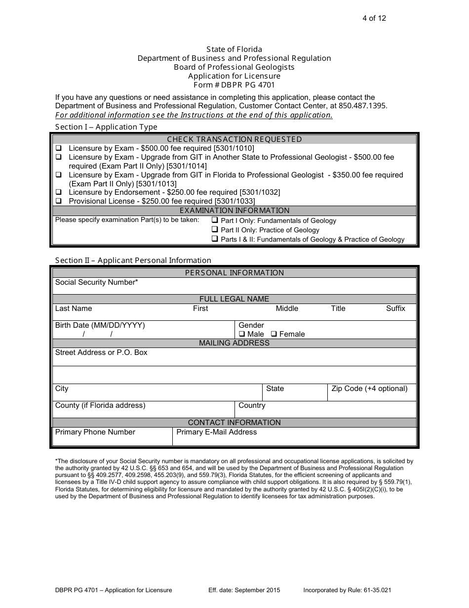 Form DBPR PG4701 Application for Licensure - Board of Professional Geologists - Florida, Page 4