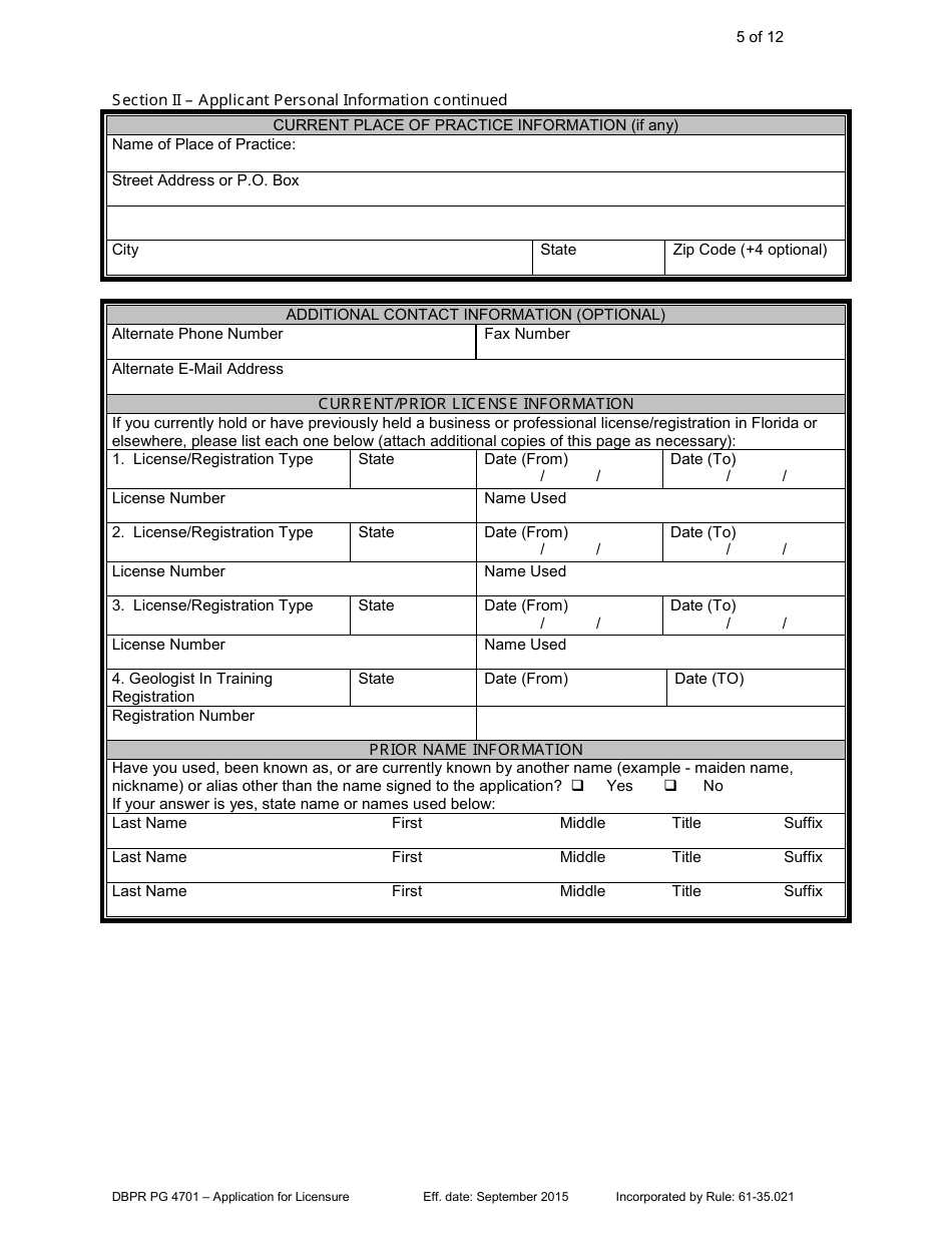 Form DBPR PG4701 Application for Licensure - Board of Professional Geologists - Florida, Page 5