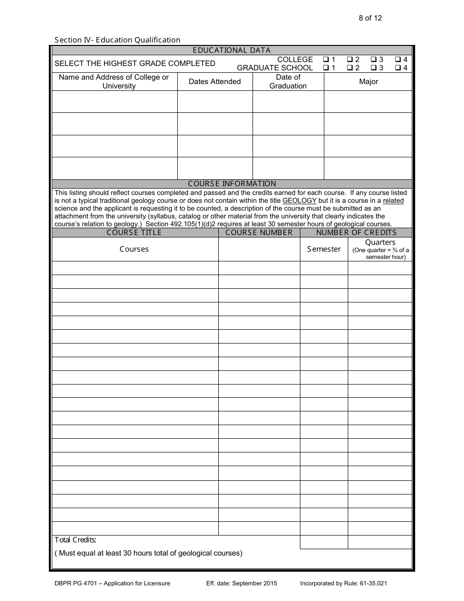 Form DBPR PG4701 Application for Licensure - Board of Professional Geologists - Florida, Page 8