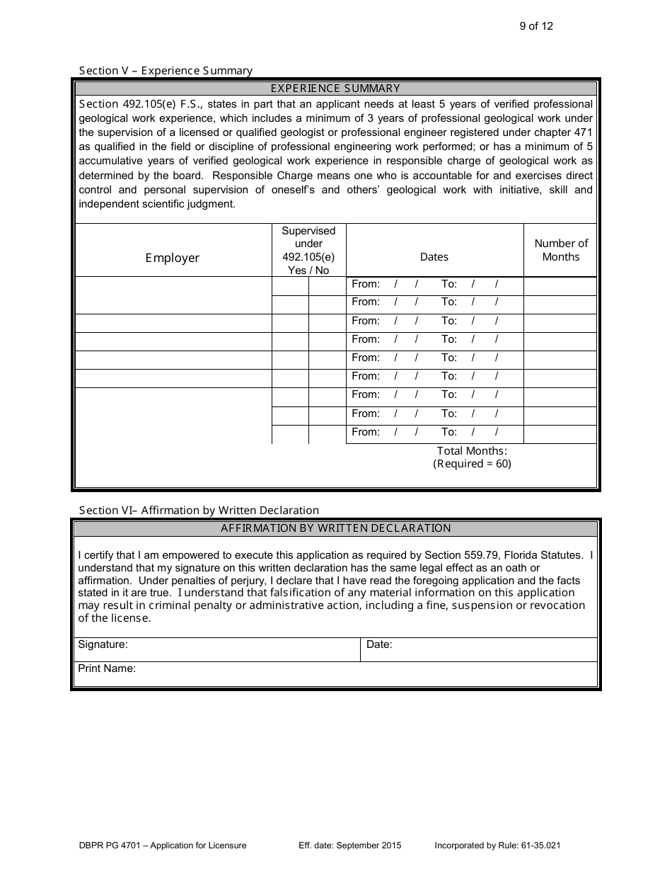 Form DBPR PG4701 Application for Licensure - Board of Professional Geologists - Florida, Page 9
