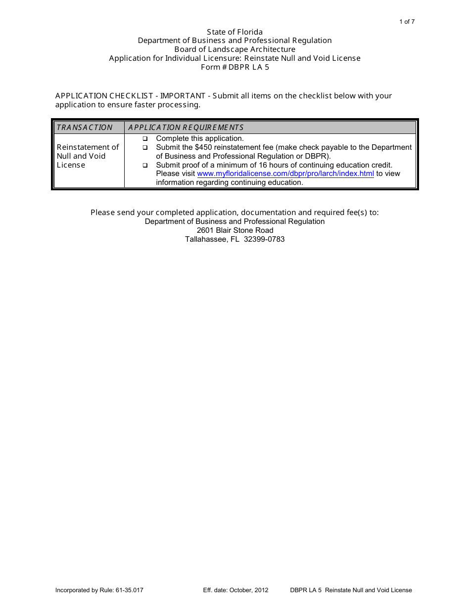 Form DBPR LA5 Application for Individual Licensure: Reinstate Null and Void License - Florida, Page 1
