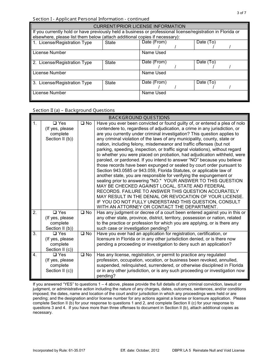 Form DBPR LA5 Application for Individual Licensure: Reinstate Null and Void License - Florida, Page 3