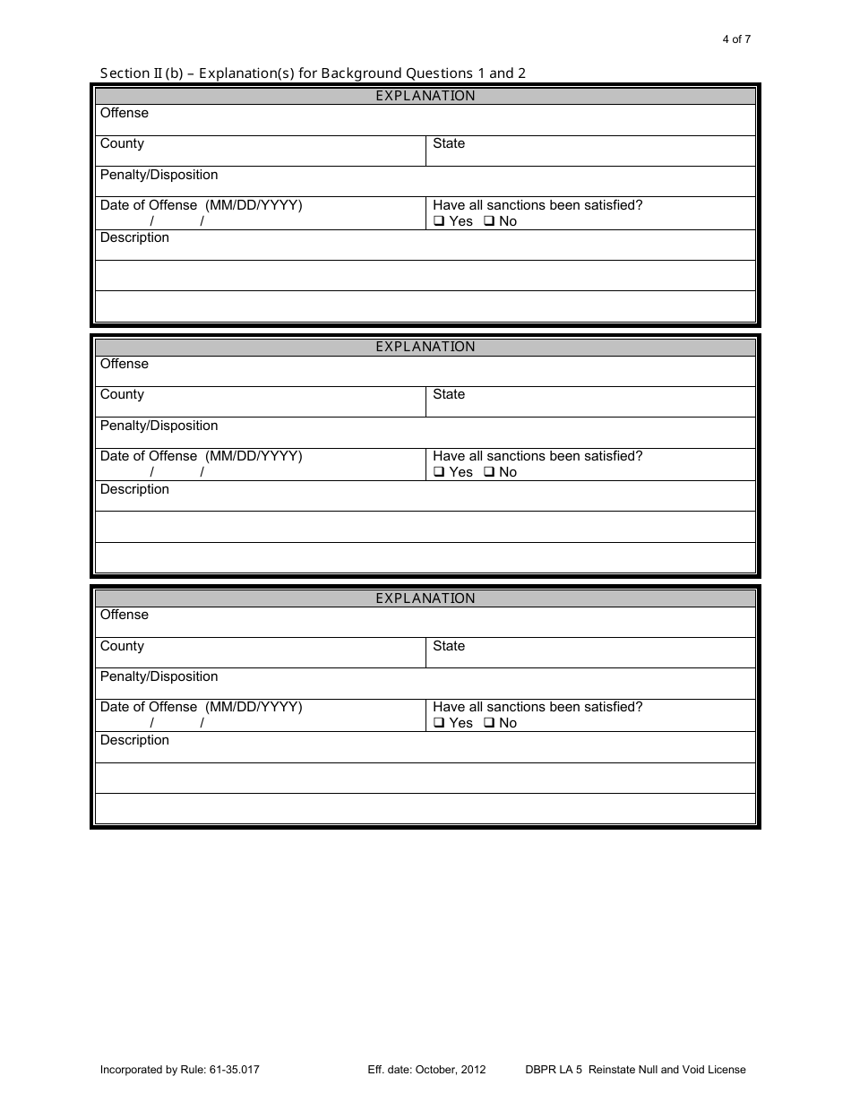 Form DBPR LA5 Application for Individual Licensure: Reinstate Null and Void License - Florida, Page 4