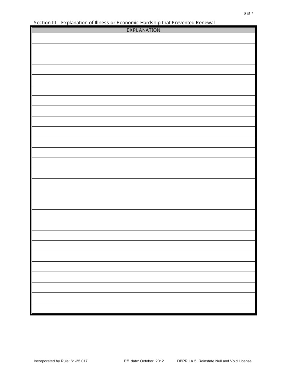 Form DBPR LA5 Application for Individual Licensure: Reinstate Null and Void License - Florida, Page 6