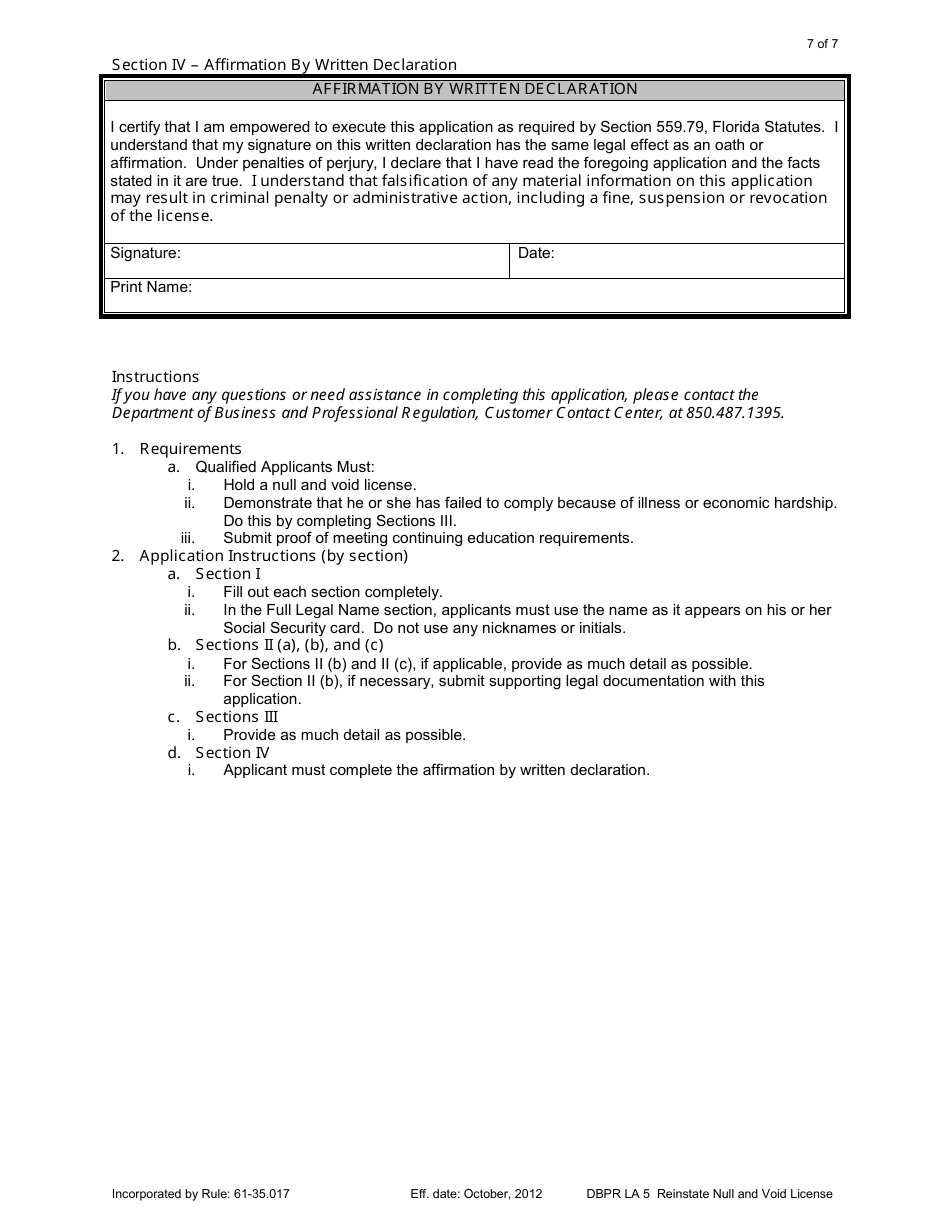 Form DBPR LA5 Application for Individual Licensure: Reinstate Null and Void License - Florida, Page 7