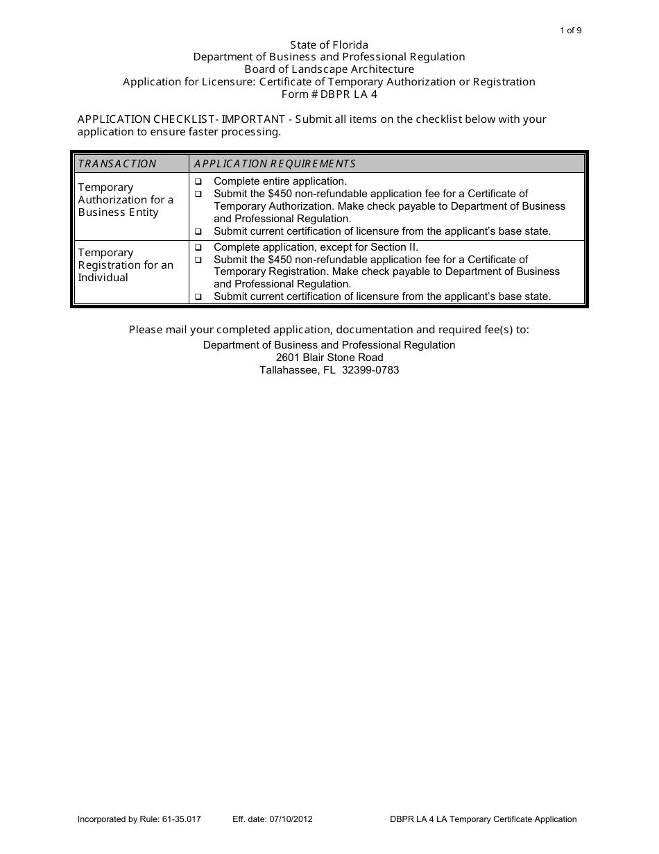 Form DBPR LA4 Application for Licensure: Certificate of Temporary Authorization or Registration - Florida, Page 1