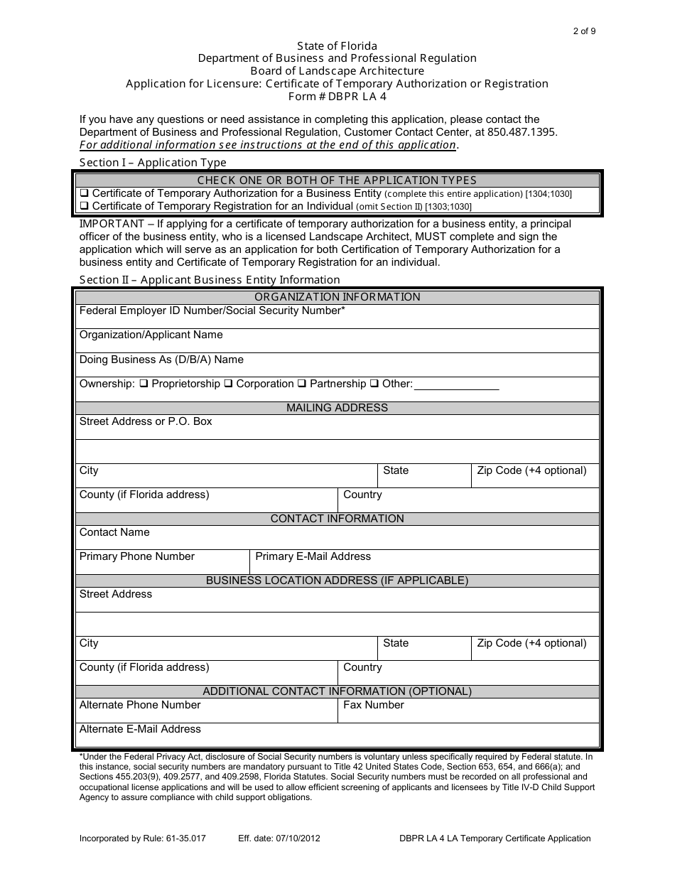 Form DBPR LA4 Application for Licensure: Certificate of Temporary Authorization or Registration - Florida, Page 2