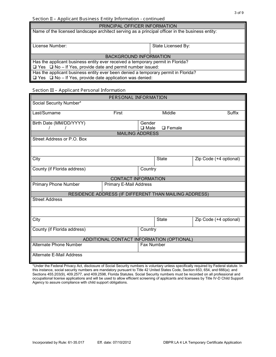 Form DBPR LA4 Application for Licensure: Certificate of Temporary Authorization or Registration - Florida, Page 3